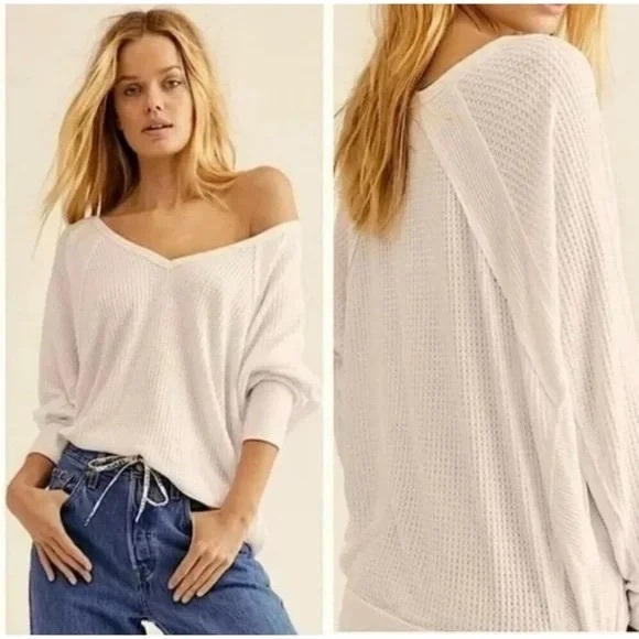 NWT Free People Santa Clara Thermal Size Women's M Alabaster Long Sleeve V-Neck - Picture 3 of 8